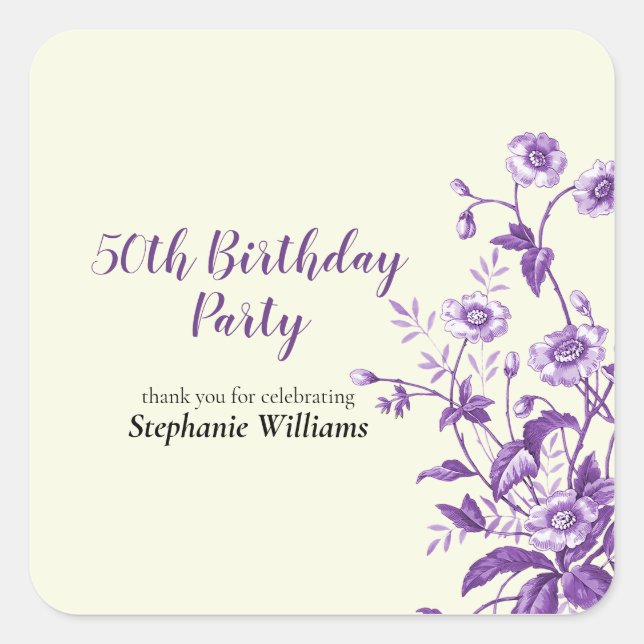 Adesivo Quadrado Lavender Wildflower Women's 50th Birthday Party (Frente)