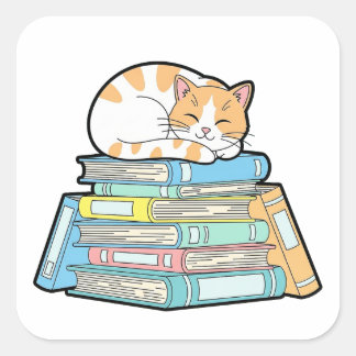 Adesivo Quadrado Lazy Cat on Books – Cute Cozy Illustration