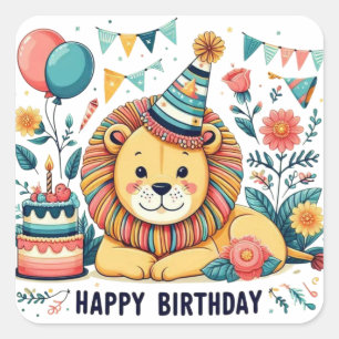 Adesivo Quadrado Leão Fofo Chapéu de Aniversário Feliz
