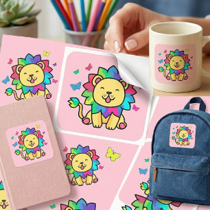 Adesivo Quadrado Leão Kawaii Sorridente Fofo com Borboletas Cartoon