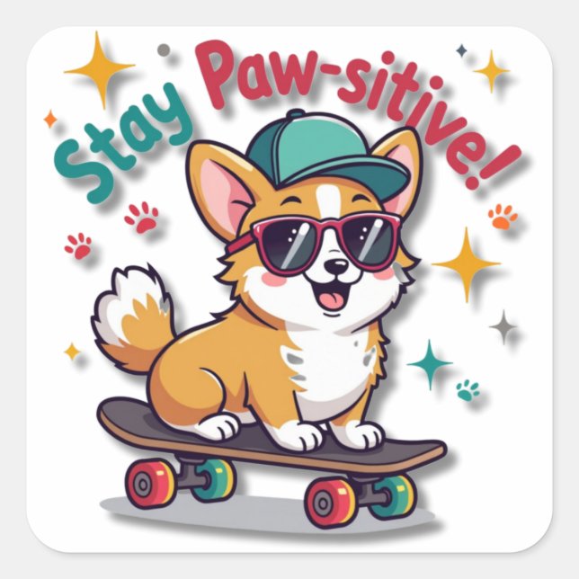 Adesivo Quadrado Legal Kawaii Corgi em um skate (Frente)
