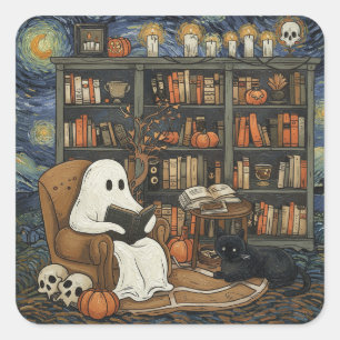 Adesivo Quadrado Leitor de Livro Fantasma Lendo Literatura do Livro