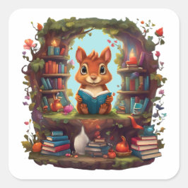 Adesivo Quadrado Leitura De Esquilo Numa Estante De Vintage