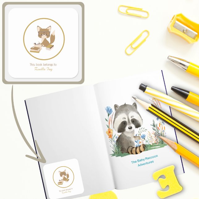 Adesivo Quadrado Leitura de Rótulos para Crianças (Kids Reading Books Woodland Animal Fox Personalized Bookplate )