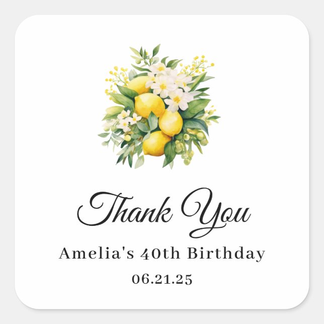 Adesivo Quadrado Lemon Bouquet with White Blossoms Thank You (Frente)