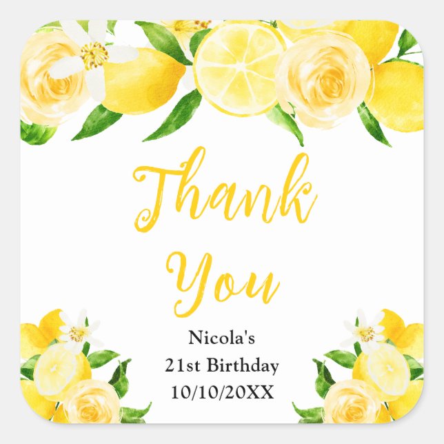 Adesivo Quadrado Lemons and Foliage Birthday Thank You (Frente)