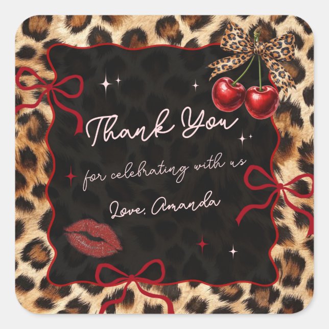 Adesivo Quadrado Leopard Cheetah Coquette Cherry Birthday Sticker (Frente)
