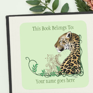 Adesivo Quadrado Leopard Wild Cat Green Henna Bookplate