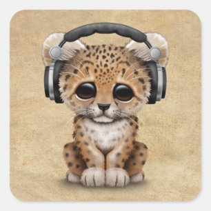 Adesivo Quadrado Leopardo bonito Cub DJ que veste fones de ouvido