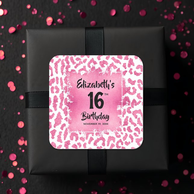 Adesivo Quadrado Leopardo Rosa Quente Doce 16 Aniversário (Hot pink and white leopard print Sweet 16 birthday square favor stickers)