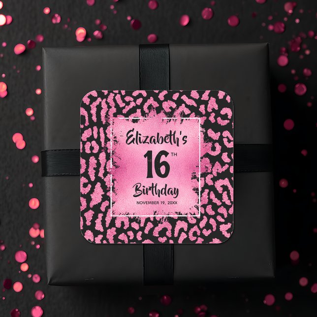 Adesivo Quadrado Leopardo Rosa Quente Doce 16 Aniversário (Hot pink and black leopard print Sweet 16 birthday square favor stickers)