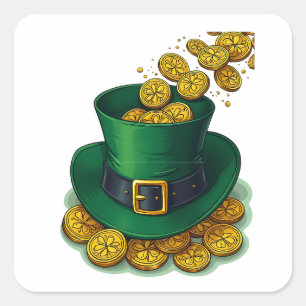 Adesivo Quadrado Leprechaun Hat irlandês e moedas Douradas