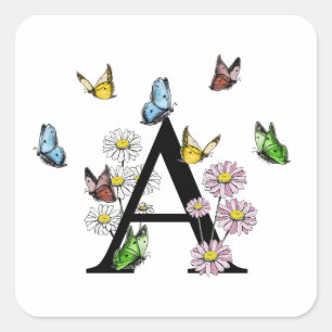 Adesivo Quadrado Letra A Floral Borboleta Monograma Inicial  