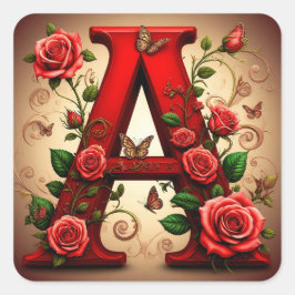 Adesivo Quadrado Letra A Vermelha Elegante com Rosas e Borboleta