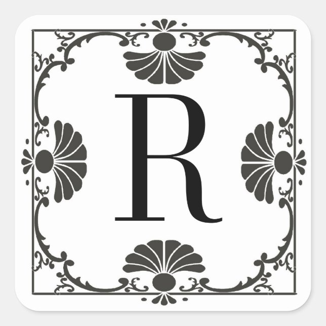 Adesivo Quadrado Letra bastão branco e preto monograma R (Frente)