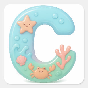 Adesivo Quadrado Letra Bolha "C" Fofa - Criatura Marinha Subaquátic