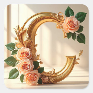 Adesivo Quadrado 🌼 Letra C de Monograma de Casamento Dourada para