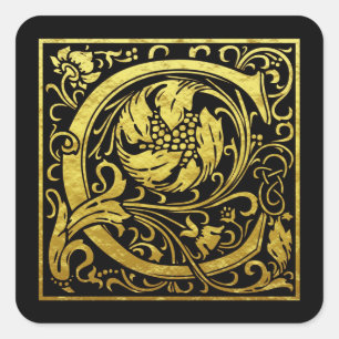 Adesivo Quadrado Letra C Primeira Letra Faux Dourada Preta