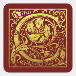 Adesivo Quadrado Letra C Primeira Letra Faux Dourado Vermelho