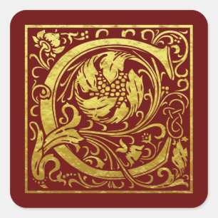 Adesivo Quadrado Letra C Primeira Letra Faux Dourado Vermelho