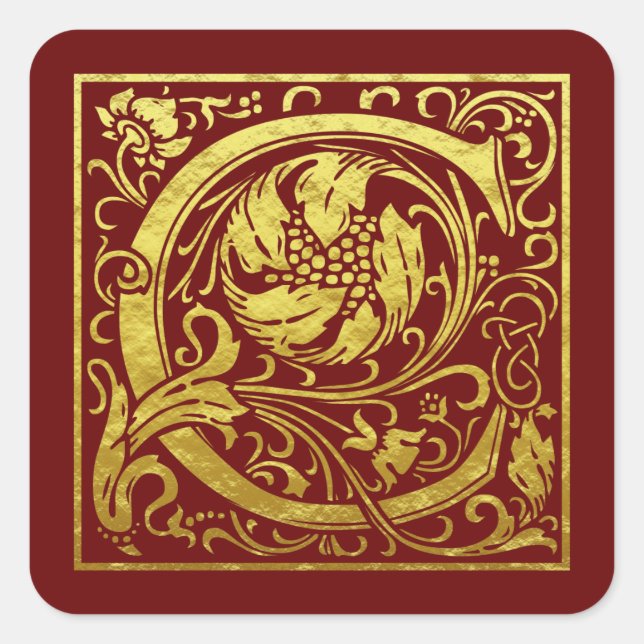 Adesivo Quadrado Letra C Primeira Letra Faux Dourado Vermelho (Frente)