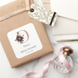 Adesivo Quadrado Letra D de Monograma Floral para Chá de Noiva   