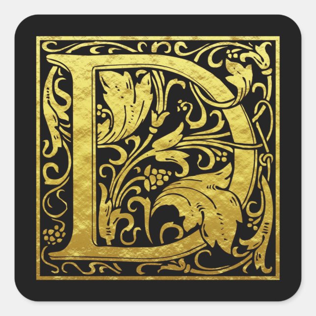 Adesivo Quadrado Letra D Primeira Letra Faux Dourado Preto (Frente)