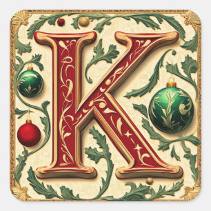 Adesivo Quadrado Letra de Natal elegante K em Vermelho e Verde