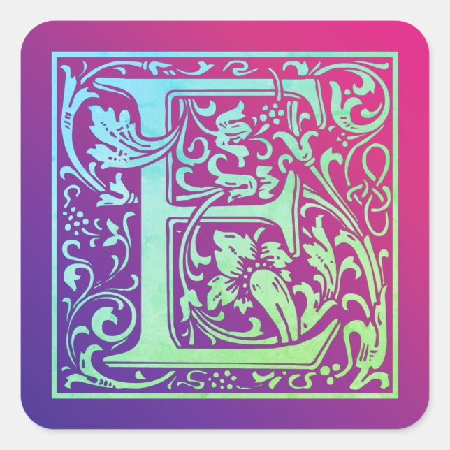 Adesivo Quadrado Letra E Colorida Gradiente da Primeira Letra Vinta (Frente)