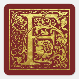 Adesivo Quadrado Letra F Primeira Letra Faux Vermelho Dourado