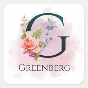 Adesivo Quadrado Letra G de Monograma Floral Chique com respingo de