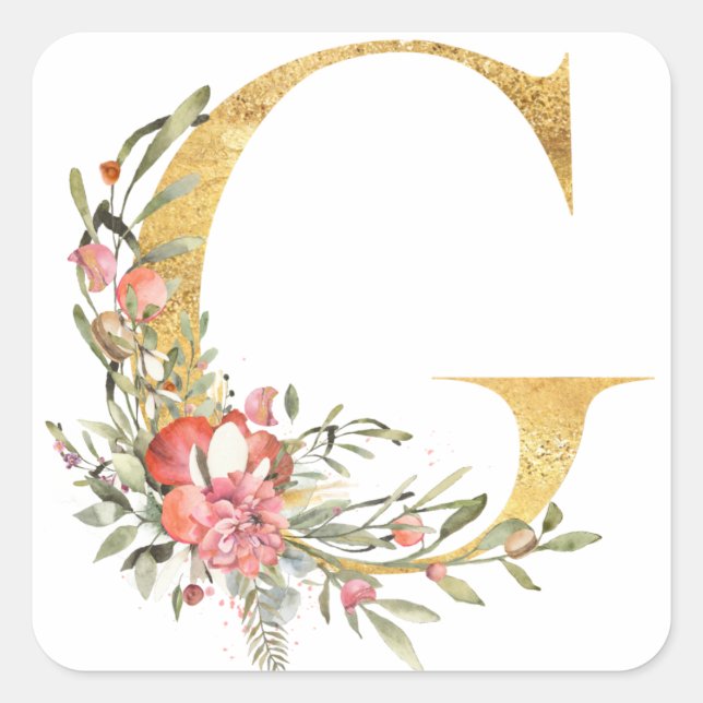 Adesivo Quadrado Letra G dourada com flores (Frente)