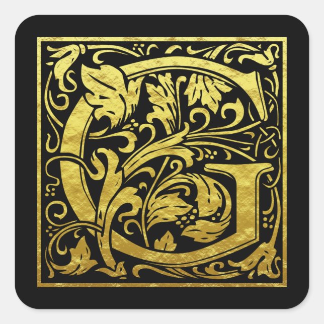 Adesivo Quadrado Letra G Primeira Letra Faux Dourado Preto (Frente)