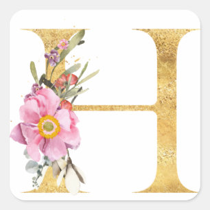 Adesivo Quadrado Letra H em MONOGRAMA dourado com flores