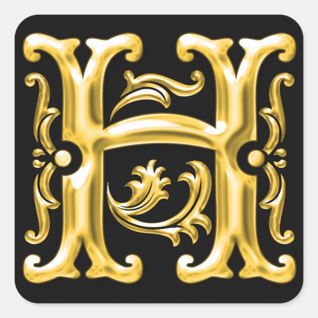 Adesivo Quadrado Letra H maiúscula inicial Sticker em Dourado (Frente)