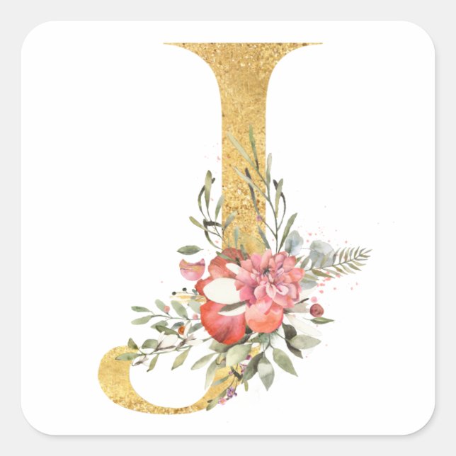 Adesivo Quadrado Letra J MONOGRAMA dourada com flores (Frente)