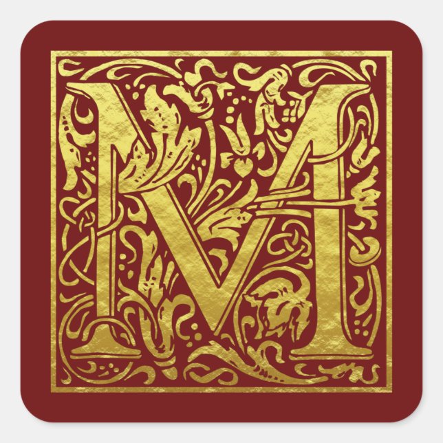 Adesivo Quadrado Letra M Primeira Letra Faux Dourado Vermelho (Frente)