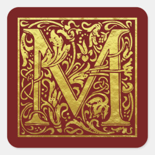 Adesivo Quadrado Letra M Primeira Letra Faux Vermelho Dourado