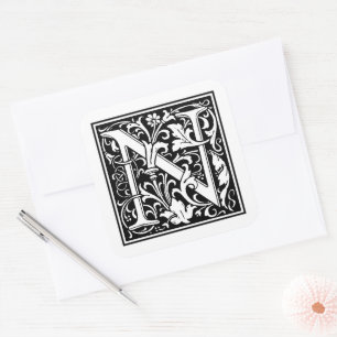 Adesivo Quadrado Letra Maiúscula N de William Morris em Branco