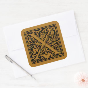 Adesivo Quadrado Letra Maiúscula X de William Morris Dourado Antigo