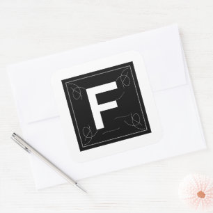 Adesivo Quadrado Letra Monograma F de Moldura e Floreio em Branco