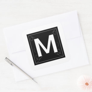 Adesivo Quadrado Letra Monograma M de Moldura e Floreio em Branco