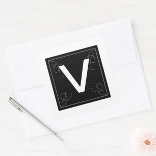 Adesivo Quadrado Letra Monograma V de Frame e Florescer em Branco