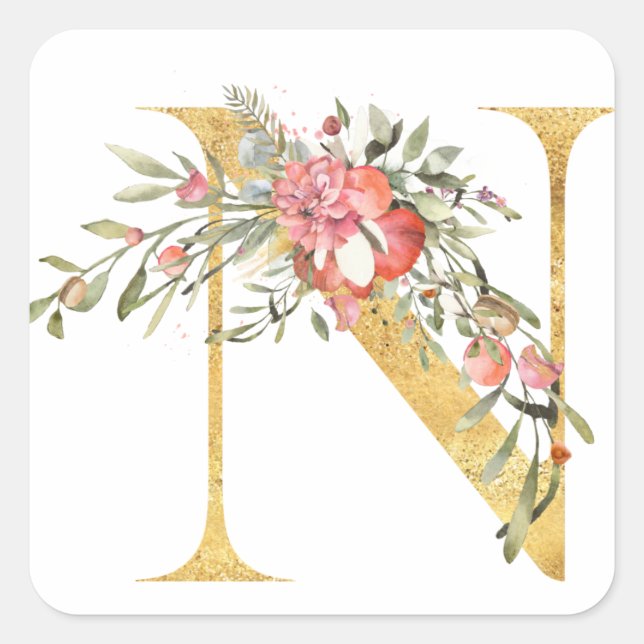 Adesivo Quadrado Letra N em MONOGRAMA dourado com flor (Frente)