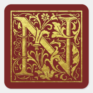 Adesivo Quadrado Letra N Primeira Letra Faux Vermelho Dourado