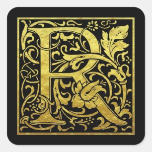 Adesivo Quadrado Letra R Primeira Letra Faux Dourada Preta