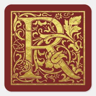 Adesivo Quadrado Letra R Primeira Letra Faux Vermelho Dourado