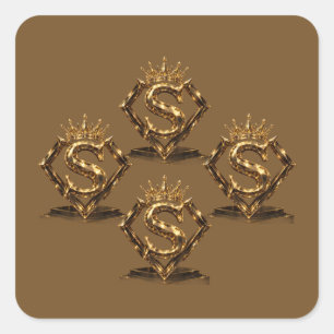 Adesivo Quadrado Letra S Dourada de Luxo Coroa Monograma de Diamant