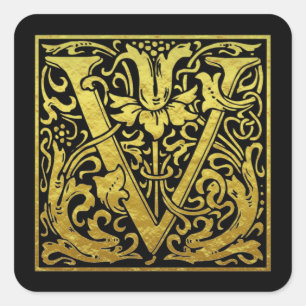 Adesivo Quadrado Letra V Primeira Letra Faux Dourada Preta