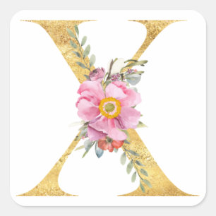 Adesivo Quadrado Letra X em MONOGRAMA dourado com flor